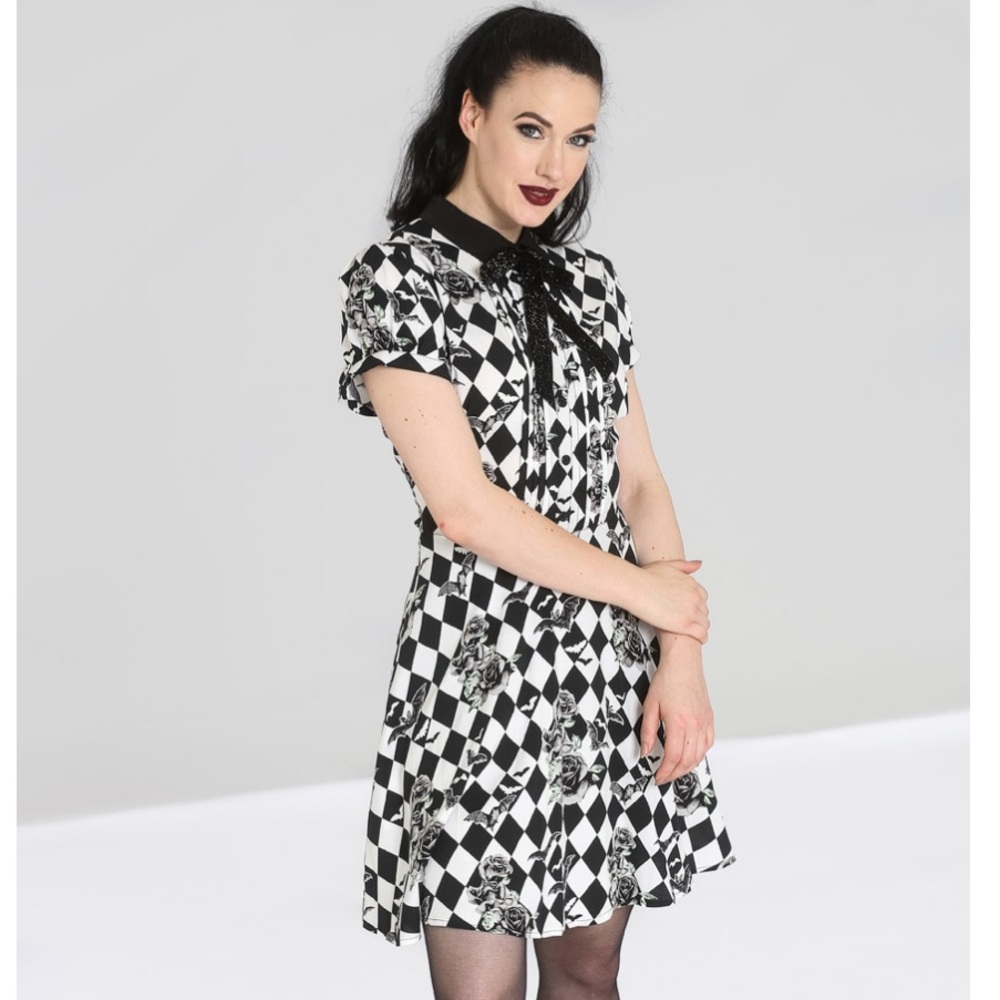 Hauntley Mini Dress Bats Black Roses on a Houndstooth Background MEDIUM